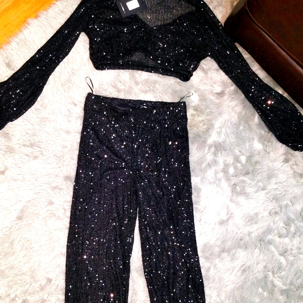 Black sequin pants set